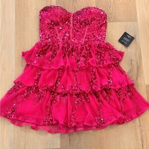 Lulus Spectacular Party Magenta Sequin Tiered Lace-Up Mini Dressed